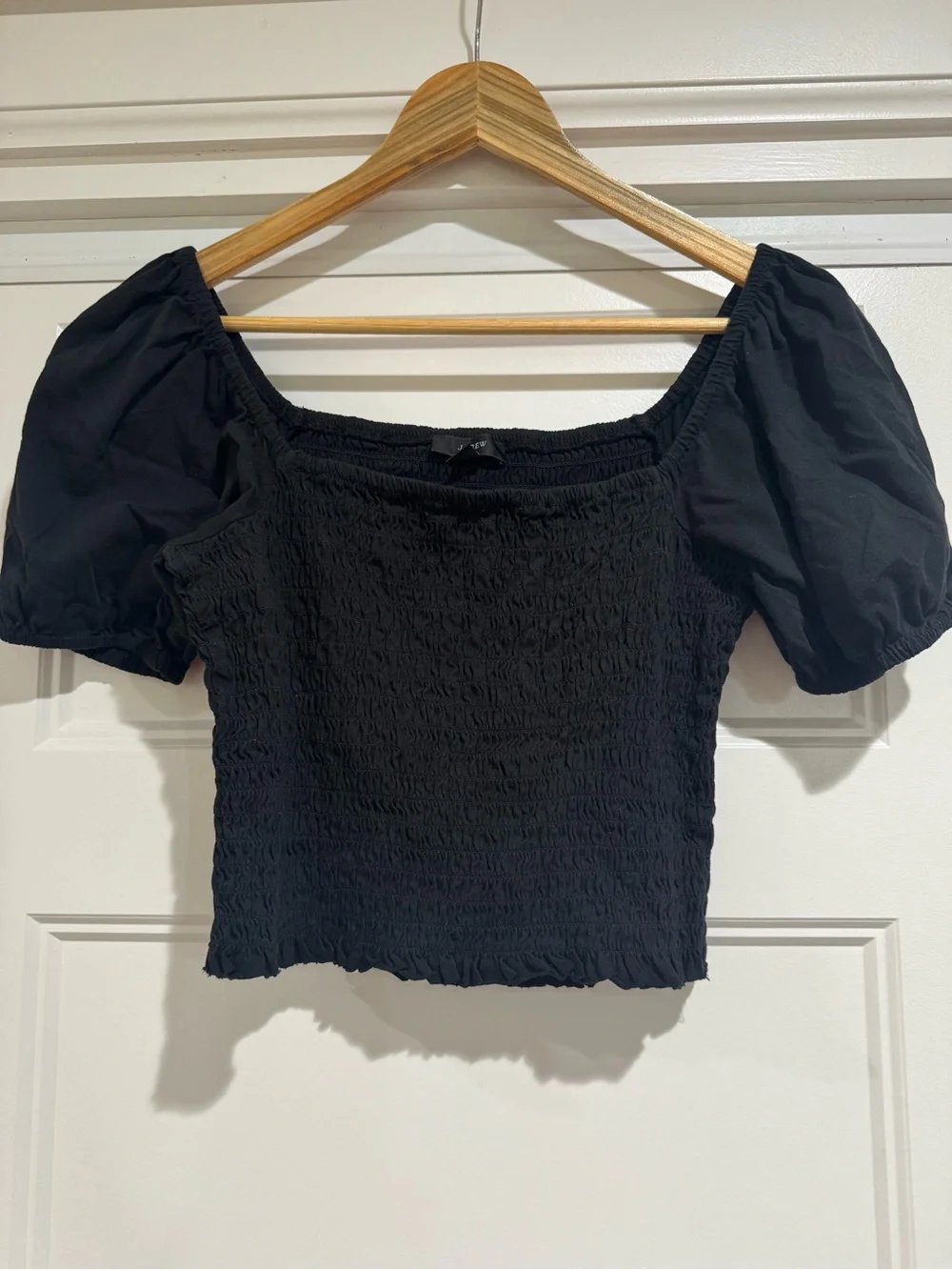 J. Crew Black Smocked Puff-Sleeve Top
